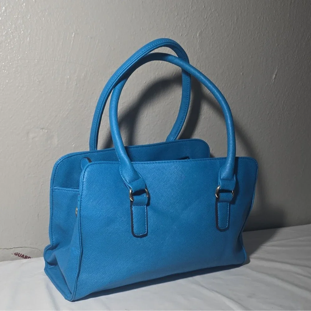 Call It Spring Cobalt Blue Saffiano Faux Leather Satchel Tote Bag Padlock Gold